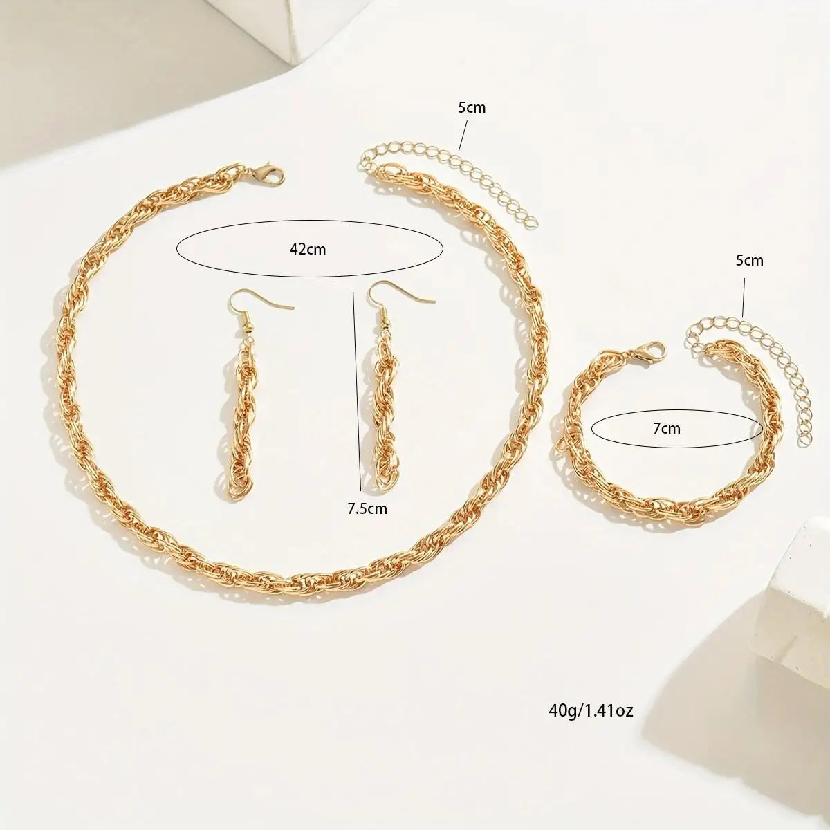 "14K gold plated Stylish Gold Chain Link Necklace, Bracelet, and Earring Set"