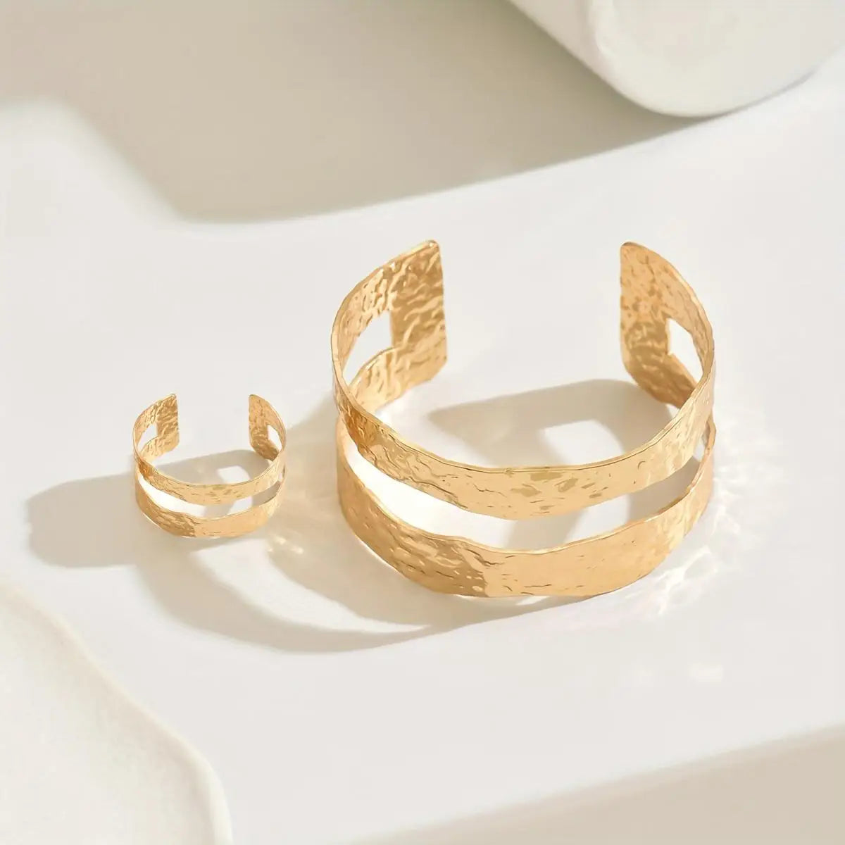"14K gold -Toned Hammered Texture Cuff Bracelet and Ring Set"