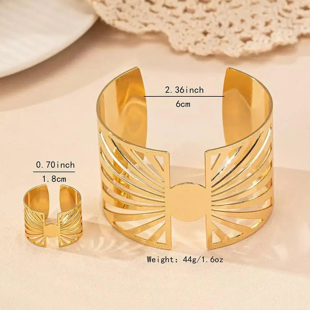 "14K gold plated Golden Radiance: Adjustable Geometric Ring and Cuff Set"
