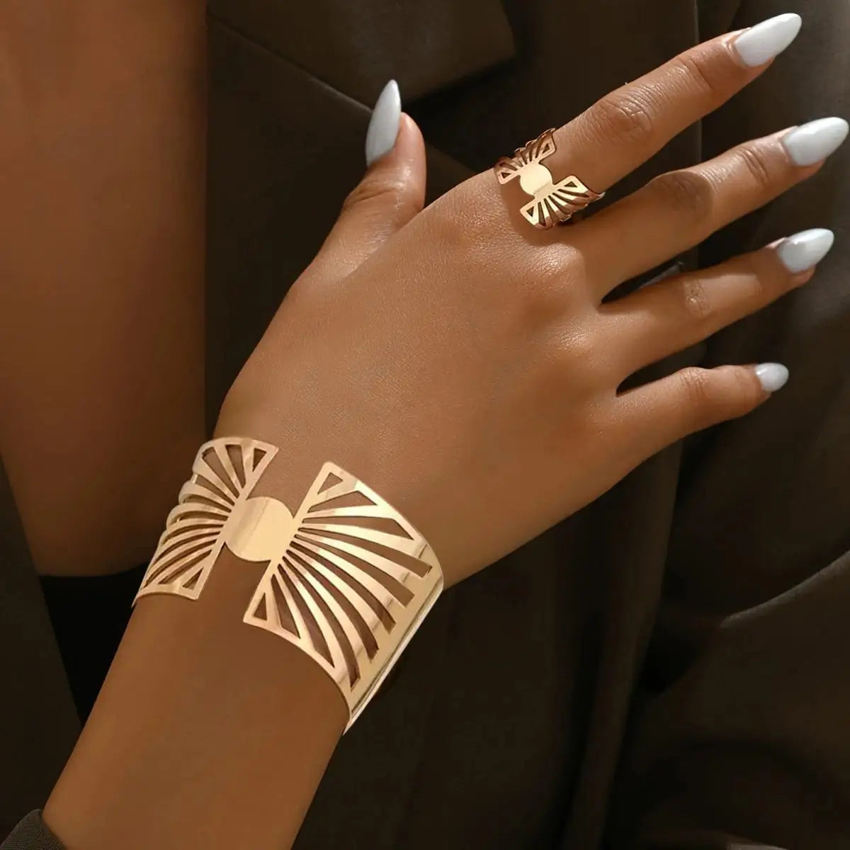 "14K gold plated Golden Radiance: Adjustable Geometric Ring and Cuff Set"