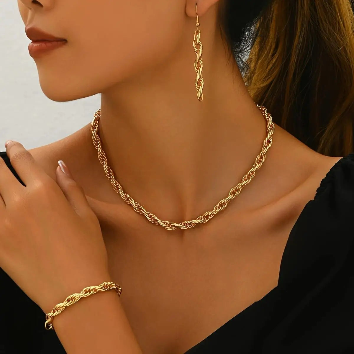 "14K gold plated Stylish Gold Chain Link Necklace, Bracelet, and Earring Set"