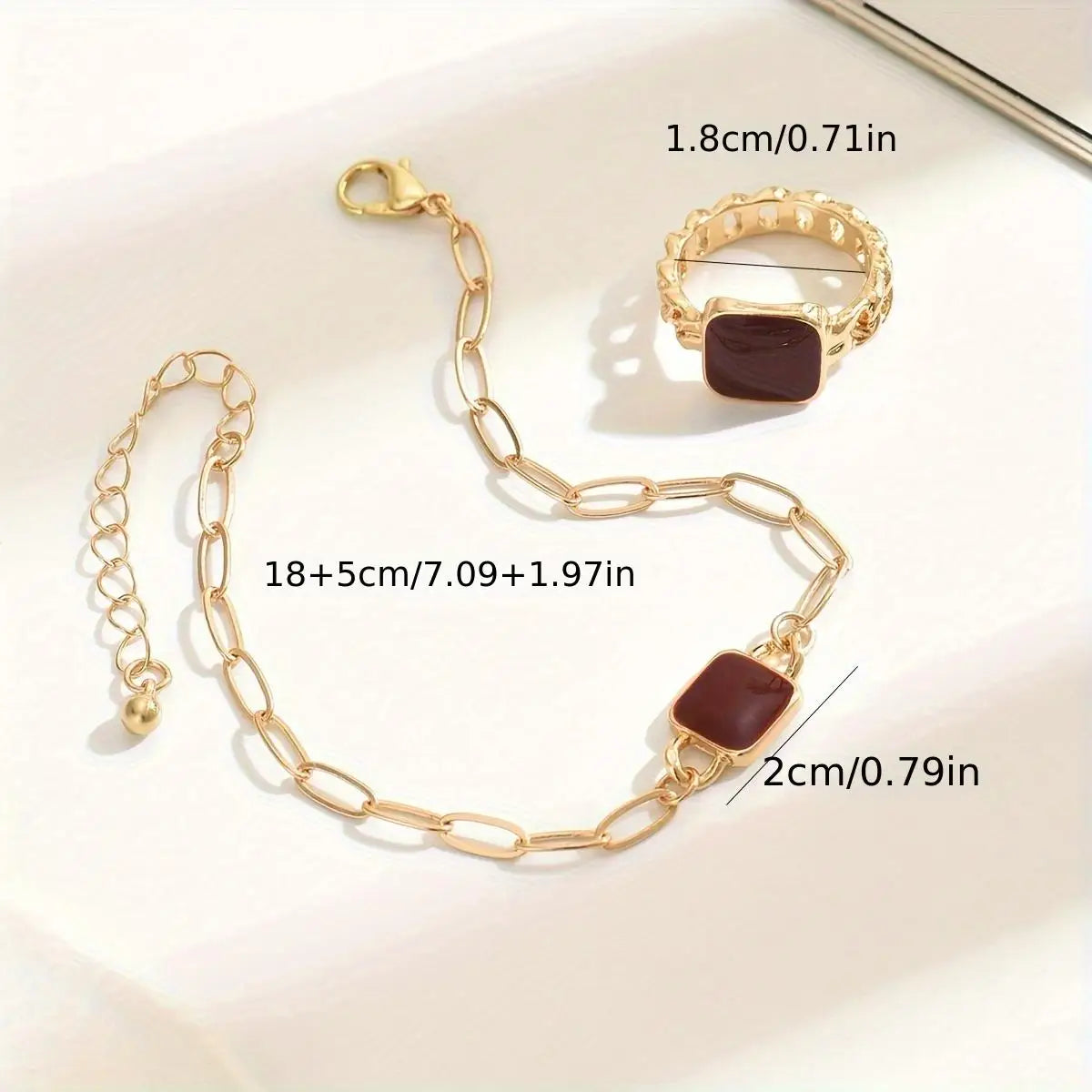 "14K Gold Plated Square Agate Bracelet and Ring Set - Luxe & Timeless Jewelry"