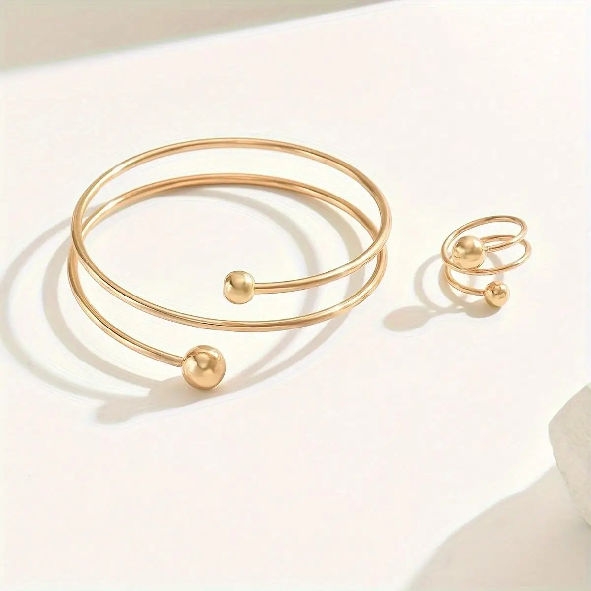 "14K Gold Plated Minimalist Bangle and Ring Set"