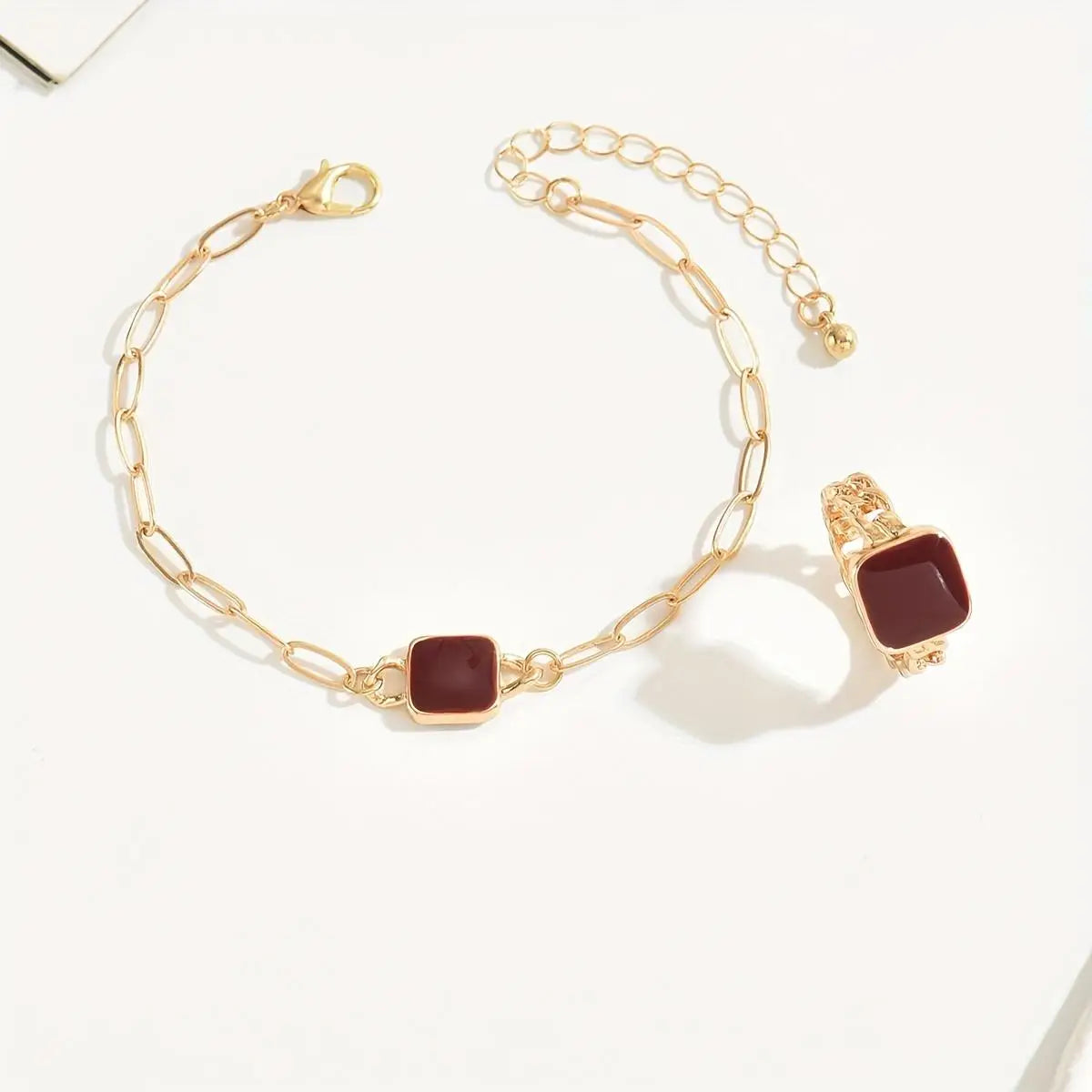 "14K Gold Plated Square Agate Bracelet and Ring Set - Luxe & Timeless Jewelry"