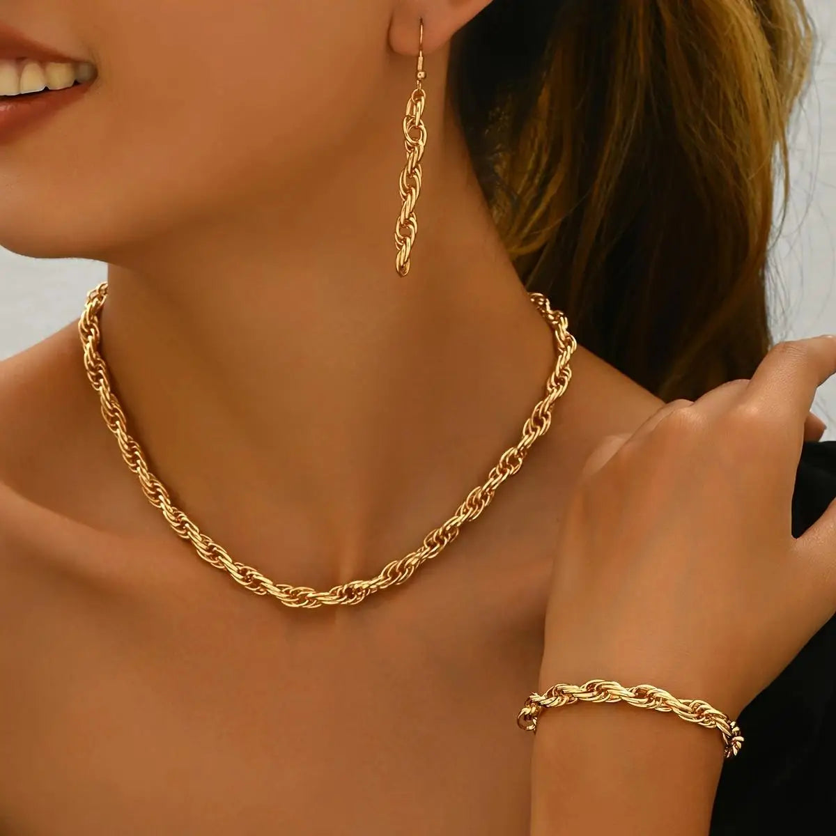 "14K gold plated Stylish Gold Chain Link Necklace, Bracelet, and Earring Set"
