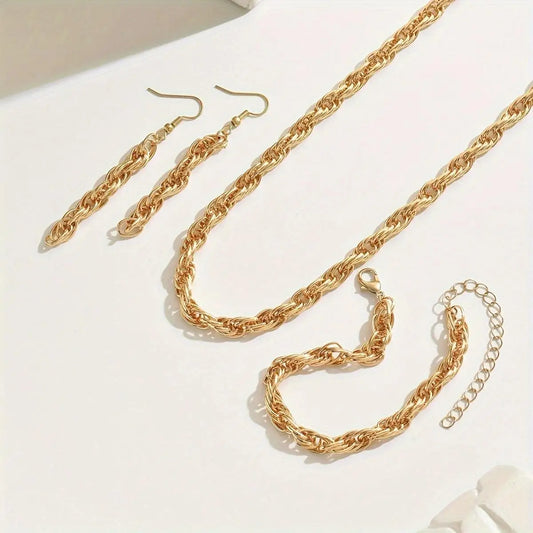 "14K gold plated Stylish Gold Chain Link Necklace, Bracelet, and Earring Set"