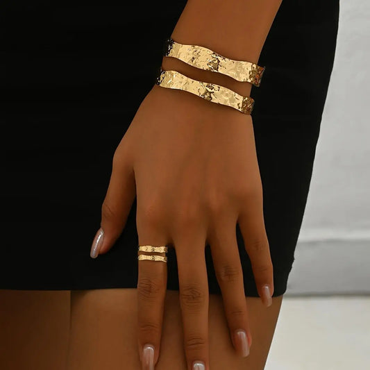 "14K gold -Toned Hammered Texture Cuff Bracelet and Ring Set"