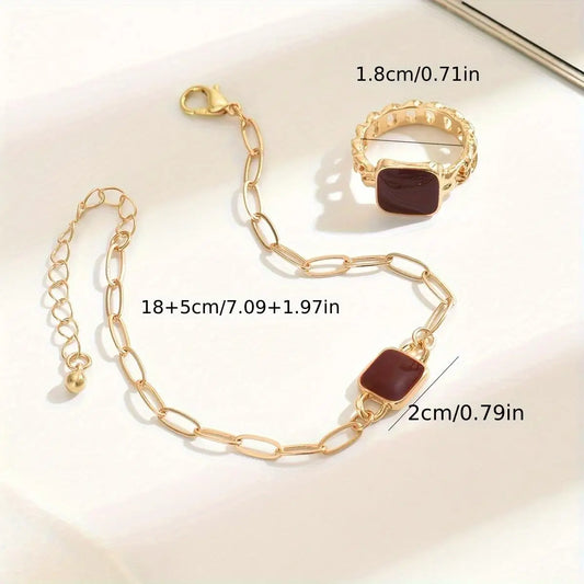 "14K Gold Plated Square Agate Bracelet and Ring Set - Luxe & Timeless Jewelry"