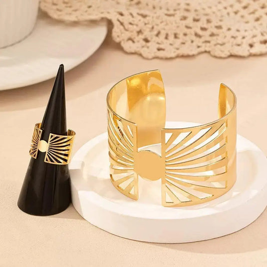 "14K gold plated Golden Radiance: Adjustable Geometric Ring and Cuff Set"