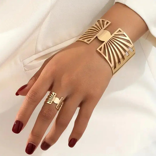 "14K gold plated Golden Radiance: Adjustable Geometric Ring and Cuff Set"